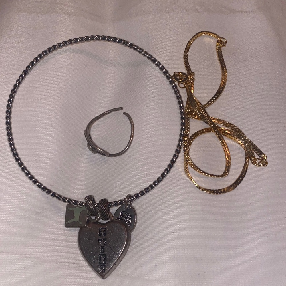 Silver toned and Gold Heart Charm Bracelet and Ring Set